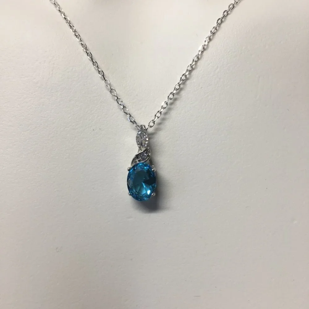 CZ Cubic Zirconia Aqua Drop Pendant Sterling Silver  Necklace -18 inches
